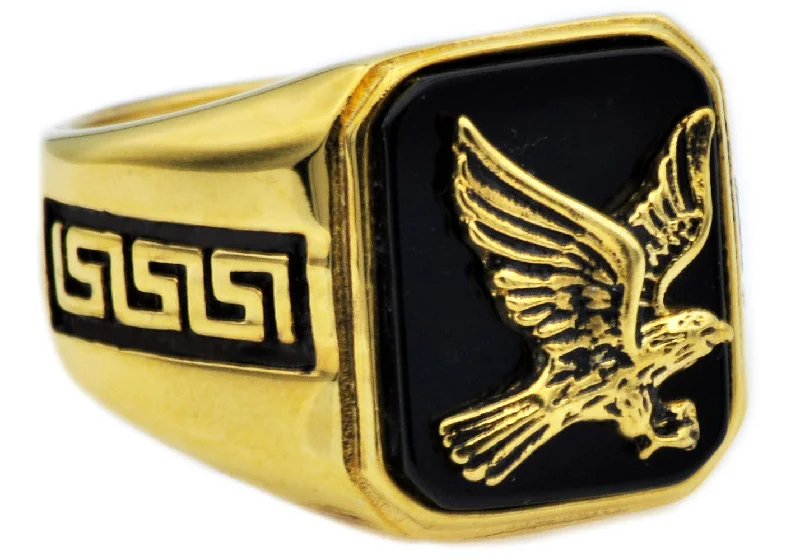 Vintage Wedding Rings with Diamonds-Mens Onyx And Gold Stainless Steel Eagle Ring