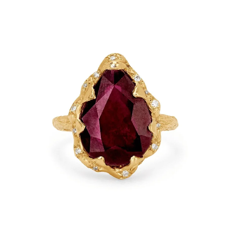 Promise Rings for Couples-Queen Water Drop Natural Ruby Ring with Sprinkled Diamonds