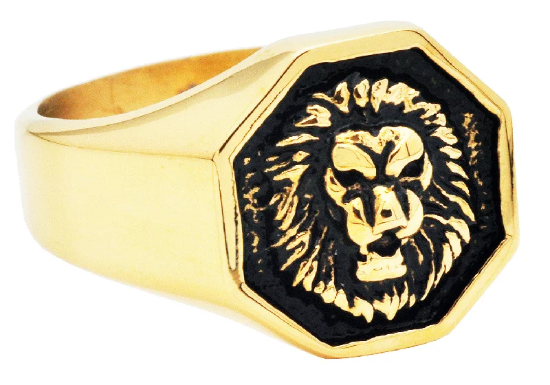 Vintage Platinum Wedding Rings-Mens Two-Toned Black and Gold Stainless Steel Lion Ring