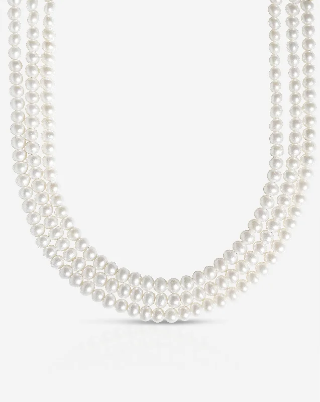 Chunky Bead Necklaces-Three Row Pearl Choker