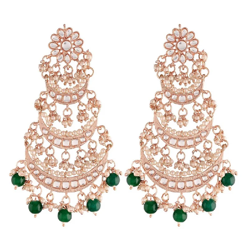 Elegant Diamond Drop Earrings-Etnico 18k Rose Gold Plated 3 Layered Beaded Chandbali Earrings with Kundan and Pearl Work for Women (E2859RGG)