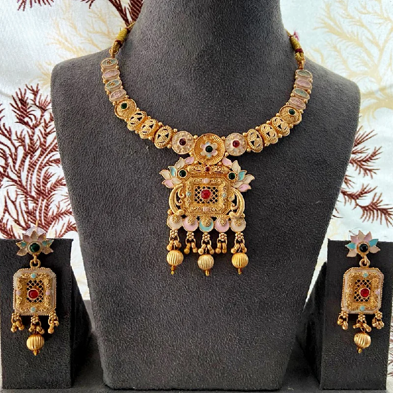 Personal Name Necklaces-India Art Gold Plated Pota Stone And Beads Necklace Set