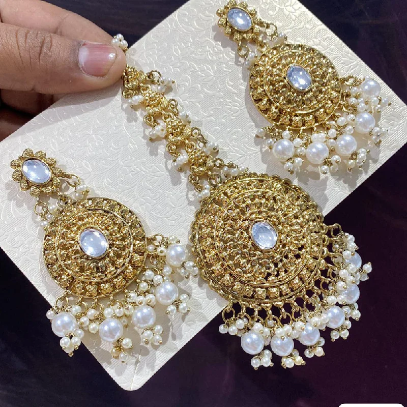 Vintage Beaded Earrings-Rani Sati Jewels Gold Plated Pearl Dangler Earrings With Mangtikka