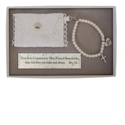 Luxury Diamond Bracelets-1st Communion Mini Purse with Pearl Bracelet Boxed Gift