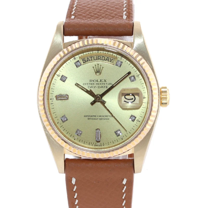 Elegant Gold Watches-Rolex President Day Date 18038 Yellow Gold Champagne Diamond Quickset Watch