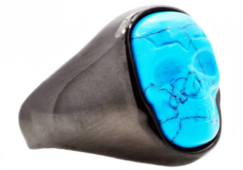 Matching Wedding Rings for Couples-Mens Genuine Turquoise Black Stainless Steel Skull Ring