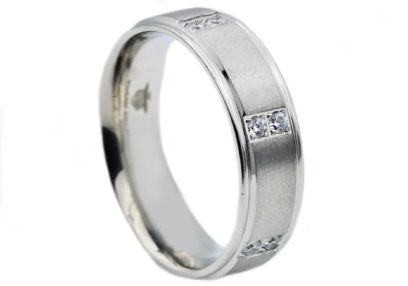 Birthstone Stackable Rings-Mens Stainless Steel Band With Cubic Zirconia