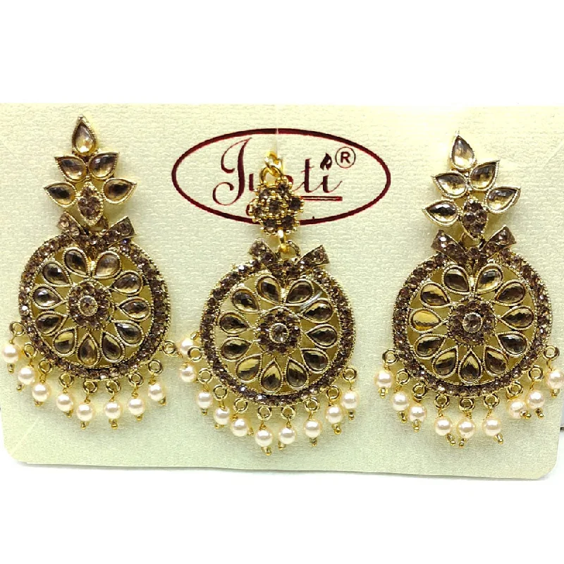 Designer Earrings Online-Tip Top Jewellers Gold Plated Austrian Stone And Pearl Earrings With Mangtikka