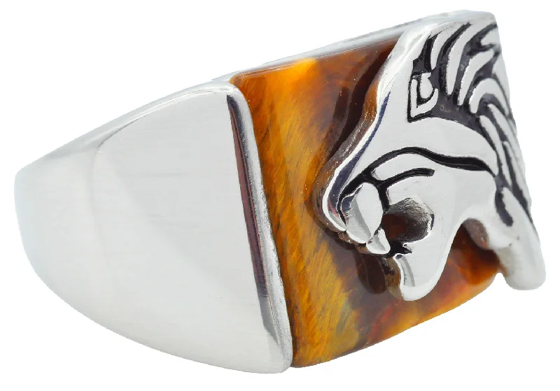 Black Gold Engagement Rings-Mens Genuine Tiger Eye Stainless Steel Lion Ring