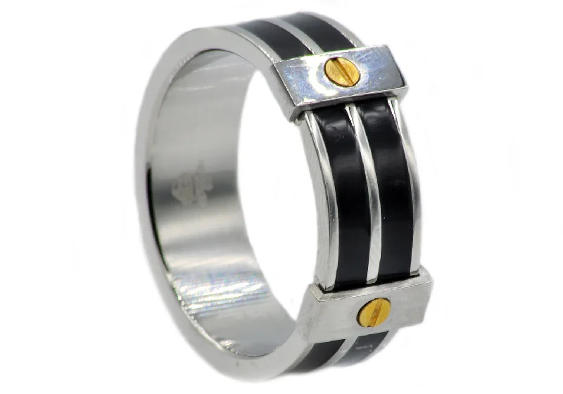 Large Statement Rings-Mens Black Stainless Steel Band Ring With Gold Screws