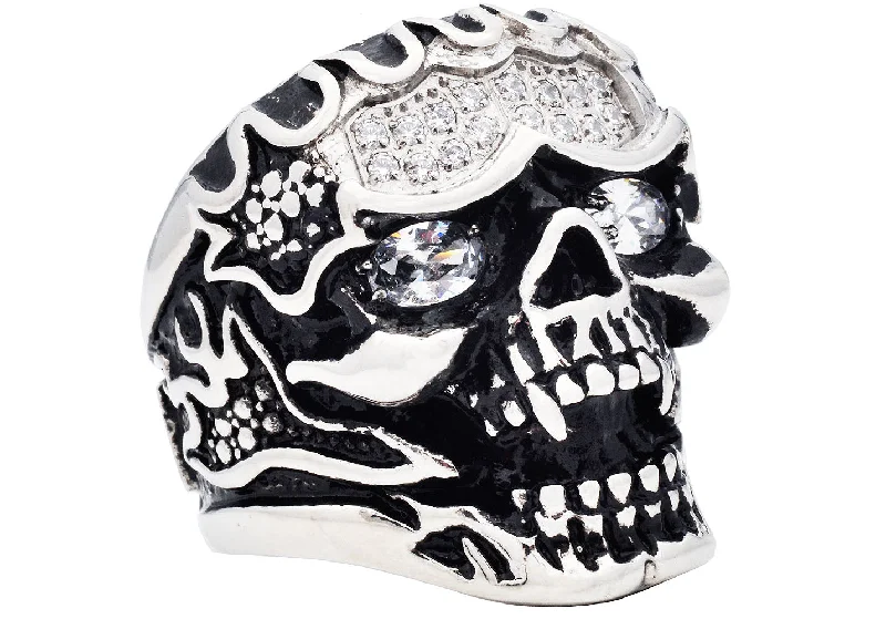 Stackable Rings for Women-Mens Stainless Steel Skull Ring With Black Cubic Zirconia