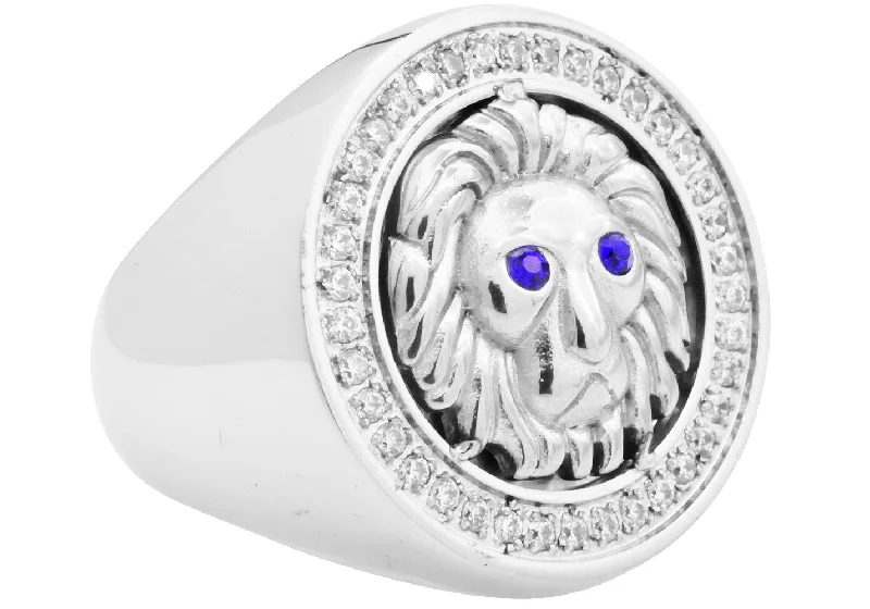 Engagement Rings with Sapphire-Mens Stainless Steel Lion Ring With Blue And White Cubic Zirconia