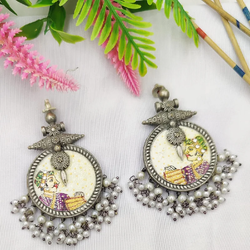 Long Silver Earrings-Fancyla Oxidised Plated Maharaja Style Pearls Dangler Earrings