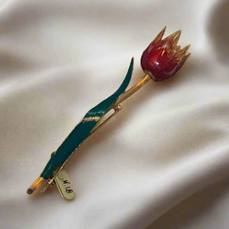 Elegant Brooch with Colorful Gemstones-Brooch in 18k gold, tulip brooch, enamel hand painted