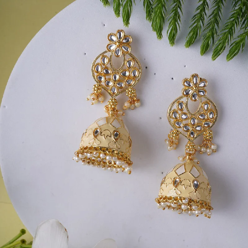 Personalized Gold Earrings-Shagna Gold Plated Meenakari And Pearls Jhumki Earrings