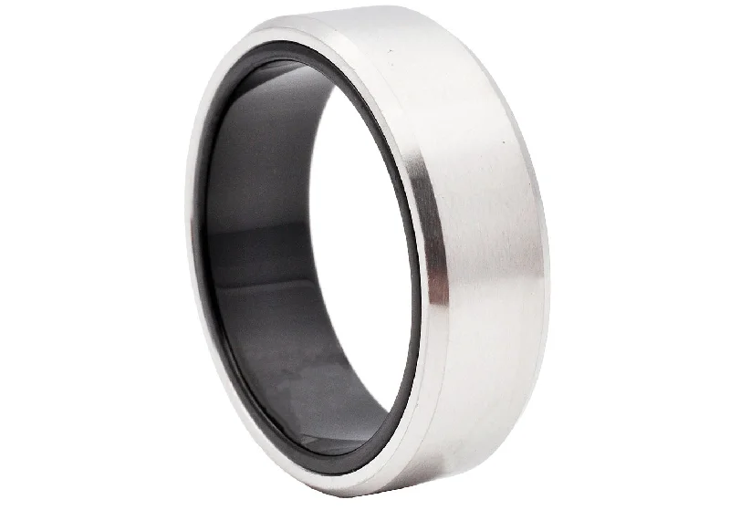 Antique Gold Rings-Mens Two Tone Black Stainless Steel Ring With a Brushed Finish