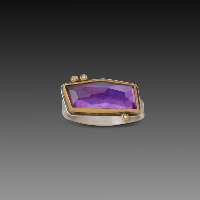 Silver Wedding Rings for Men-Geometric Amethyst Ring with Three Diamonds