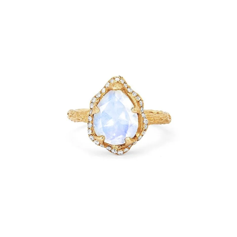 Custom Wedding Rings with Birthstones-Baby Queen Water Drop Moonstone Ring with Full Pavé Diamond Halo