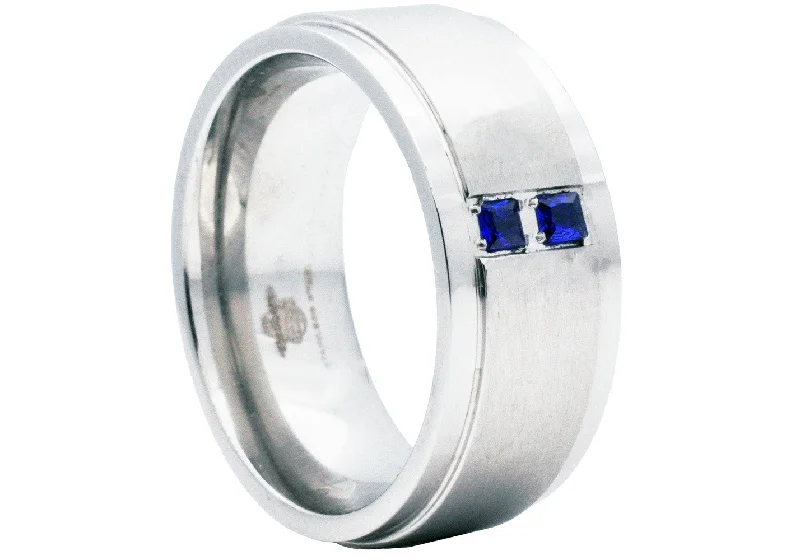 Designer Silver Rings-Mens 9mm Brushed Stainless Steel Ring With Blue Cubic Zirconia