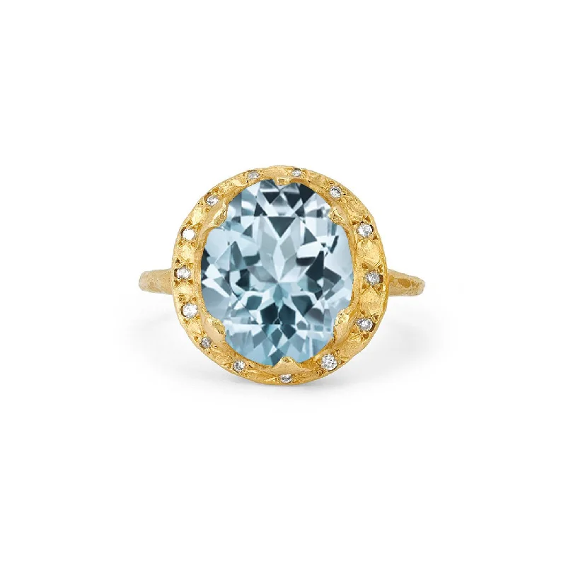 Silver Promise Rings-Queen Oval Aquamarine Ring with Sprinkled Diamonds