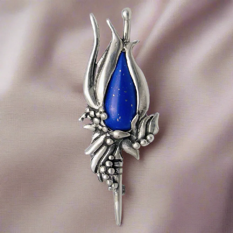 Custom Brooch for Weddings-Greek Traditional Flower Brooch in Sterling silver with Lapis Lazuli (K-23)