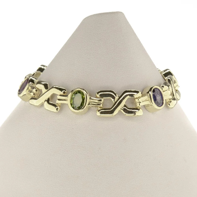 Simple Heart Charm Bracelets-Women's Multi Colored Gemstone 7.5" Tennis Bracelet in 14K Yellow Gold