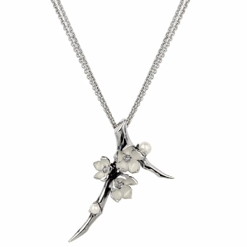 Diamond Pendant Necklaces-Cherry Blossom Branch Pendant - Silver, Diamond & Pearl