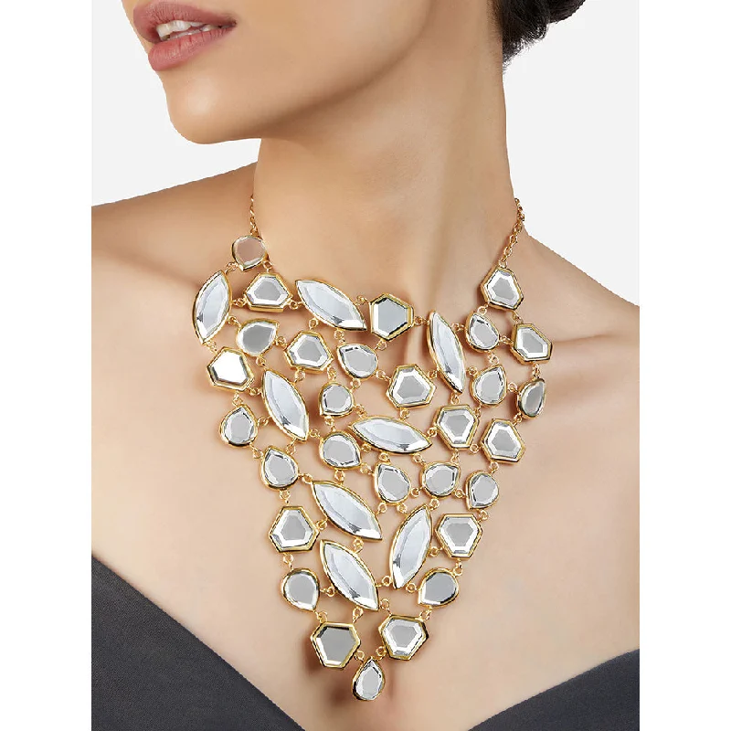 Silver Ball Chain Necklaces-Isharya Mirror Gems Shattered Statement Bib Necklace In 18Kt Gold Plated