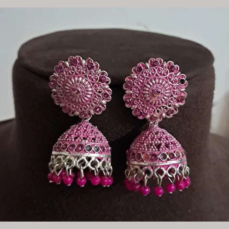 Pink Crystal Earrings-H K Fashion Oxidised Plated Pota Stone And Pearls Jhumki