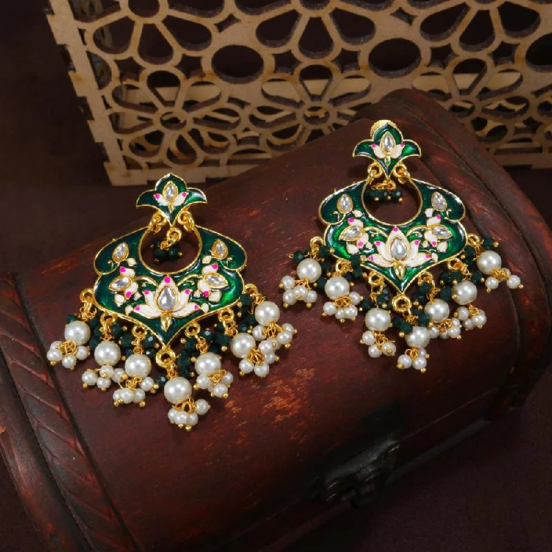 Gold-Plated Earrings for Women-Etnico Gold Plated Meenakari Kundan & Pearl Drop Chandbali Earrings For Women (E2920G)