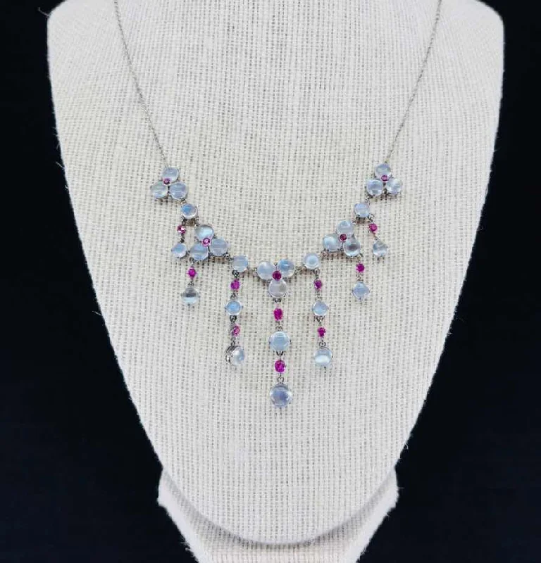 Elegant Rose Gold Necklaces-1920s Moonstone and Ruby Silver Fringe Necklace