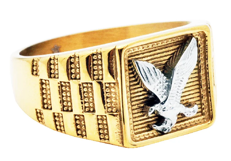 Modern Wedding Bands for Men-Mens Gold Stainless Steel Eagle Ring