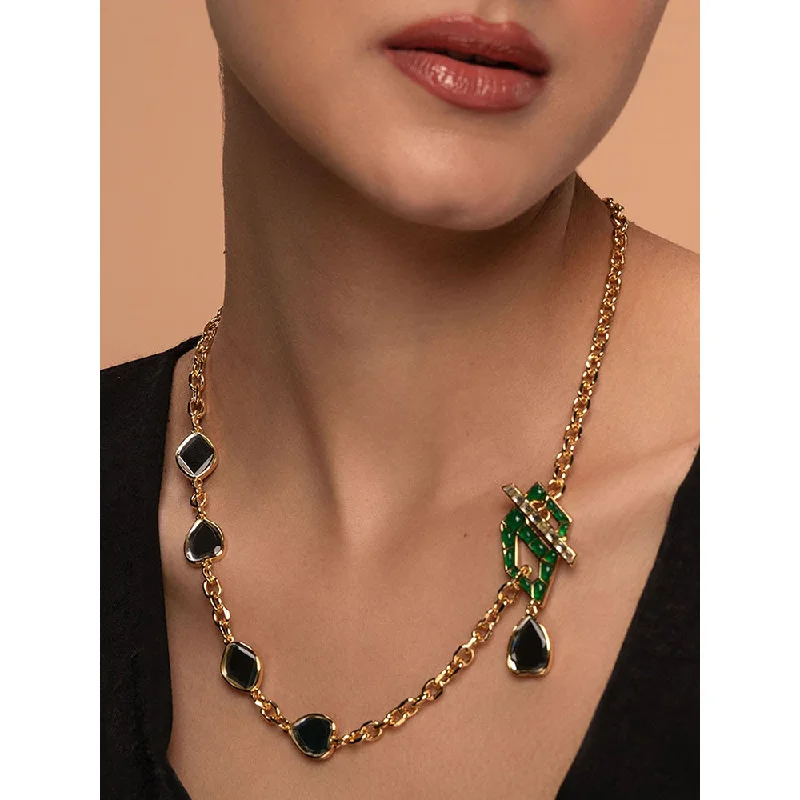 Minimalist Necklaces for Women-Isharya Fiesta Hydro Emerald Toggle Necklace In 18Kt Gold Plated