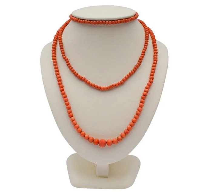 Gold and Diamond Necklaces-Long Victorian Coral Bead Necklace