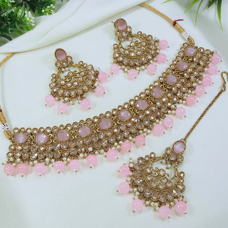 Fashionable Necklaces for Women-LALSO Stunning Mehendi Gold plated AD/Zircon Work Necklace Jewelry Set With Maangtika