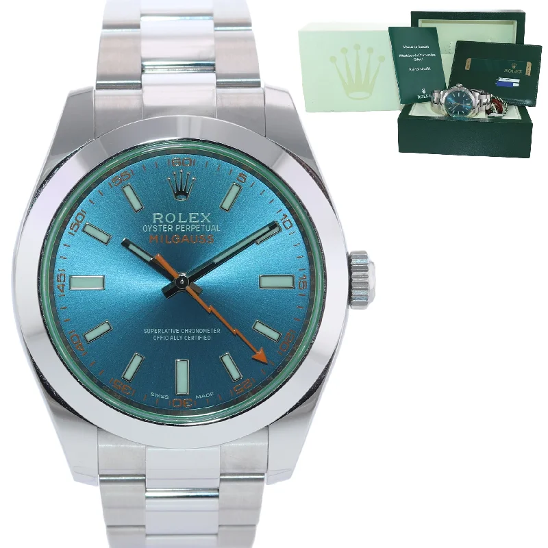 Luxury Sports Watches for Women-PAPERS Rolex Milgauss Blue Dial Anniversary Green 116400GV Steel Watch Box