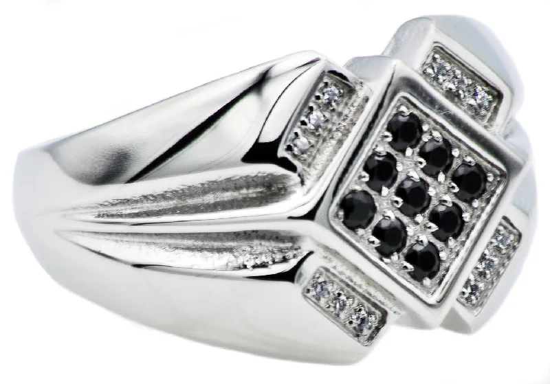 Colored Diamond Engagement Rings-Mens Stainless Steel Ring With Black And White Cubic Zirconia