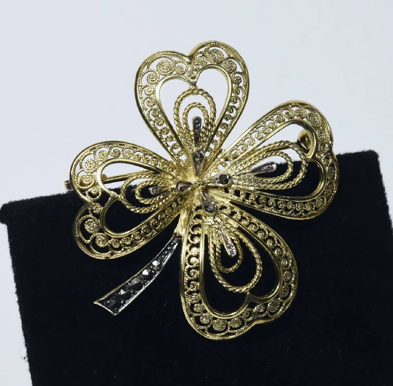 Unique Butterfly Brooch for Weddings-Willi Nonnenmann -  Vintage Gold Tone Sterling Silver Filigree Four Leaf Clover Marcasite Brooch