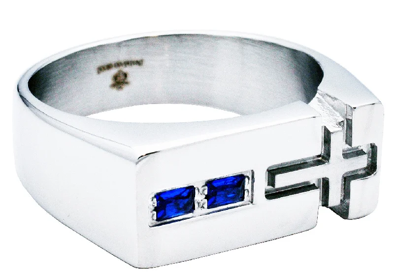 Custom Wedding Rings with Engraving-Men's Stainless Steel Sideways Cross Ring With Blue Cubic Zirconia