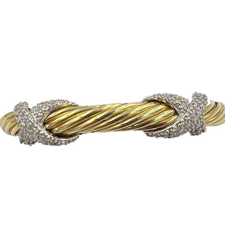 Personalized Charm Bangles-David Yurman Double Diamond X 18k Yellow Gold Cuff Bracelet