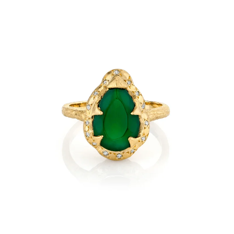 Large Statement Diamond Rings-Medium Queen Water Drop Green Agate Ring with Sprinkled Diamonds