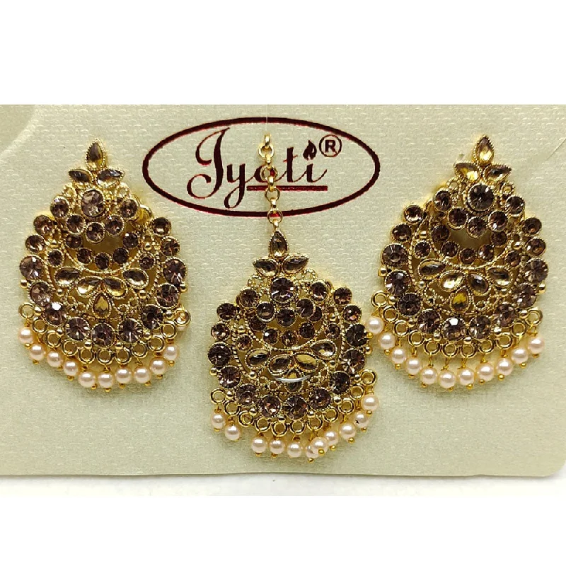 Unique Hoop Earrings-Tip Top Jewellers Gold Plated Austrian Stone And Pearl Earrings With Mangtikka