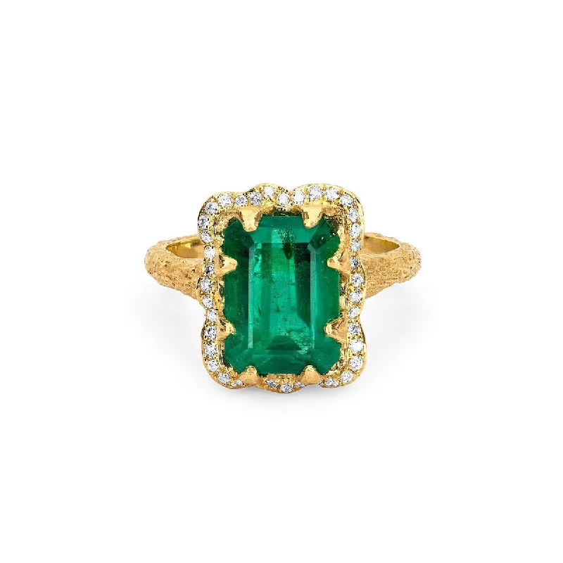 Dainty Gold Rings-18k Queen Emerald Cut Emerald Ring with Full Pavé Diamond Halo