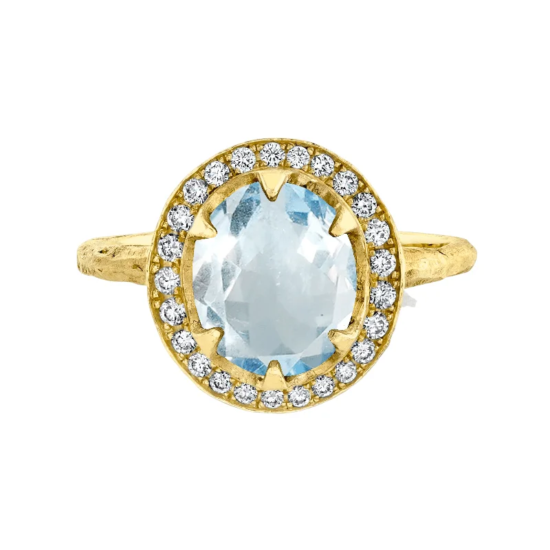 Pear-Shaped Diamond Rings-18k Queen Oval Aquamarine Ring with Full Pavé Diamond Halo