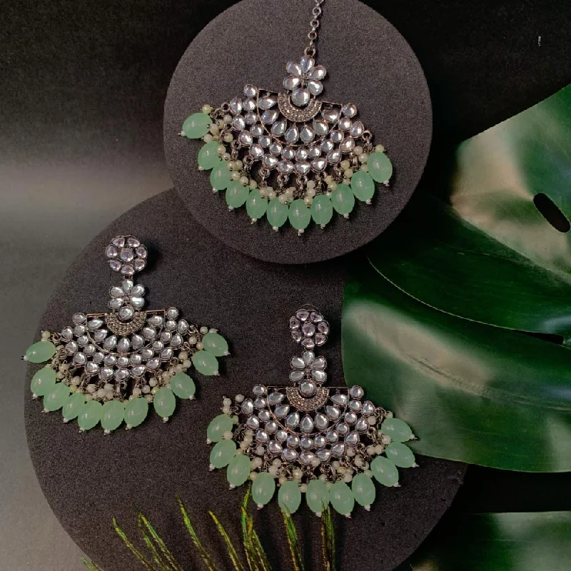 Silver Oval Earrings-Etnico Ethnic Stylish Silver Oxidised Kundan Pearl Chandbali Earrings With Maang Tikka Set For Women And Girls (TE3106ZMin)