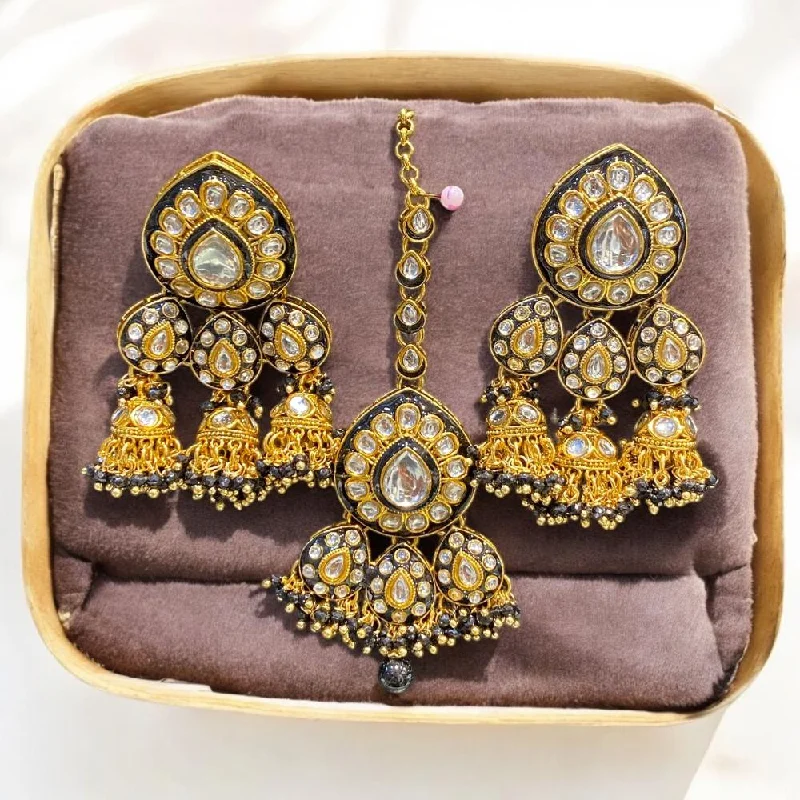 Natural Stone Earrings-Hira Collections Gold Plated Kundan Stone And Meenakari Jhumki With Maangtikka