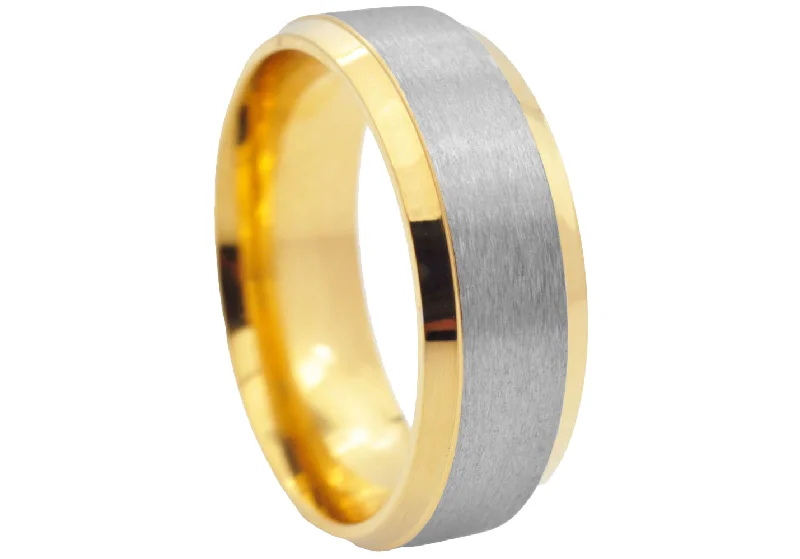 Birthstone Engagement Rings-Men's Two Tone Gold Stainless Steel Brushed & Polished 8mm Band Ring