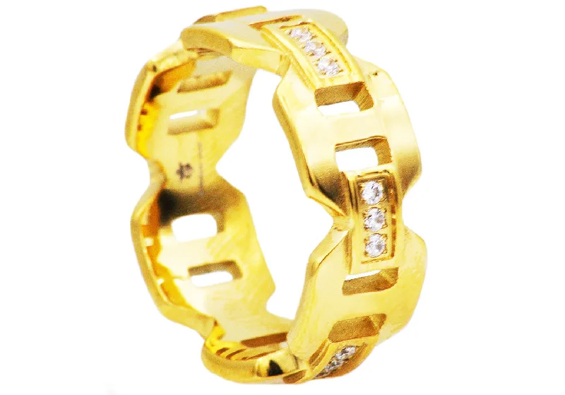 Personalized Infinity Rings-Mens Gold Stainless Steel Band With Cubic Zirconia