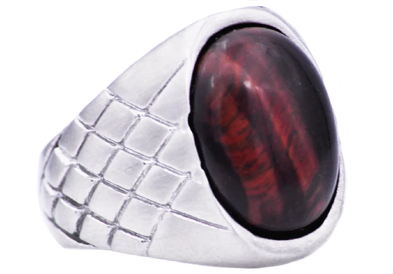 Silver Wedding Rings for Men-Mens Genuine Red Tiger Eye Stainless Steel Ring