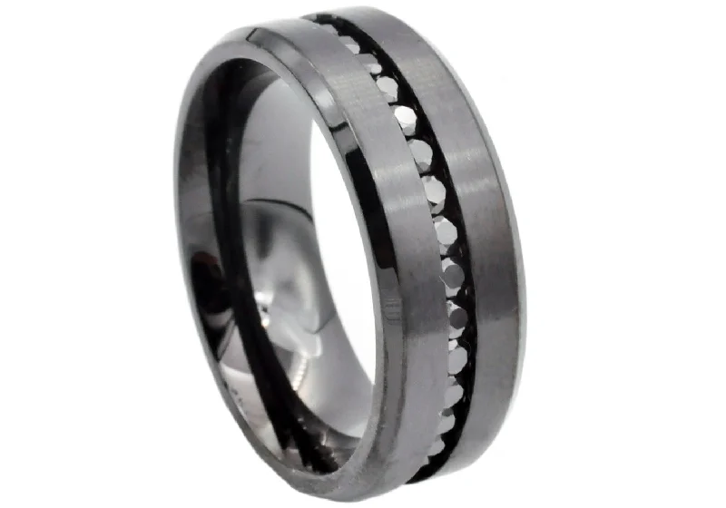 Multi-Stone Engagement Rings-Mens Black Stainless Steel Band With Black Cubic Zirconia